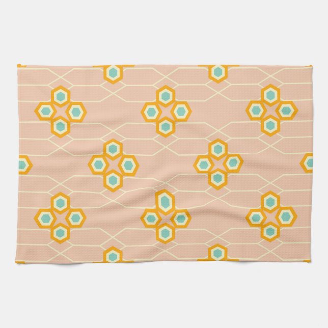 Peach background hexagonal floral pattern  geschirrtuch (Horizontal)