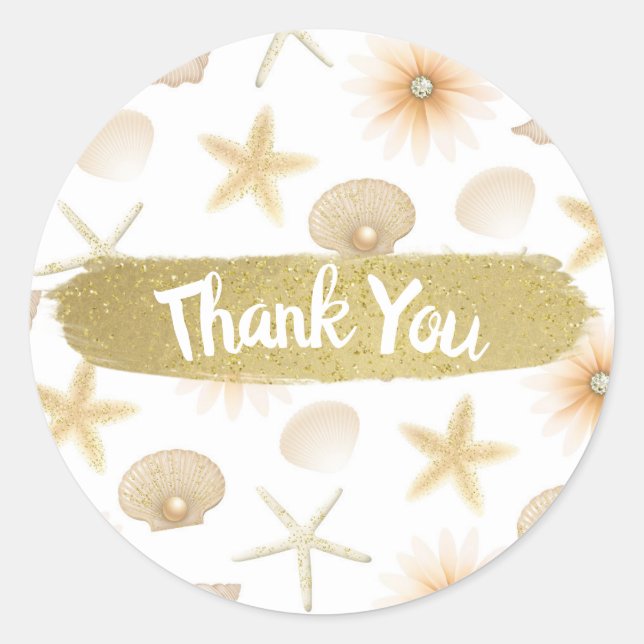 Peach Beach Seashells & Blume Moderne Hochzeit Runder Aufkleber (Vorderseite)