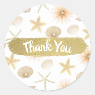 Peach Beach Seashells & Blume Moderne Hochzeit Runder Aufkleber