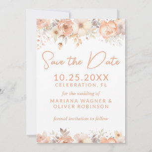 Peach Beige Blume auf Weiße Save the Date Karte