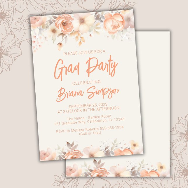 Peach Beige Ivory Floral Abschluss Grad Party Einladung (Von Creator hochgeladen)