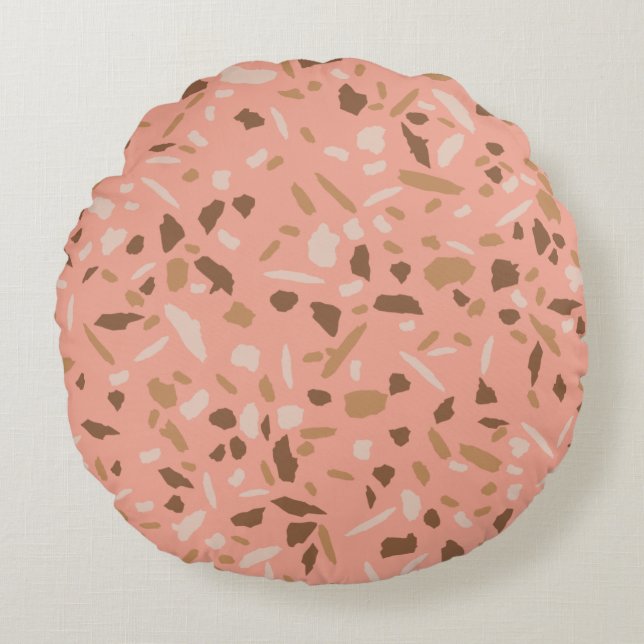 Peach Beige Tan Brown Terrazzo Marmormuster Rundes Kissen (Vorderseite)