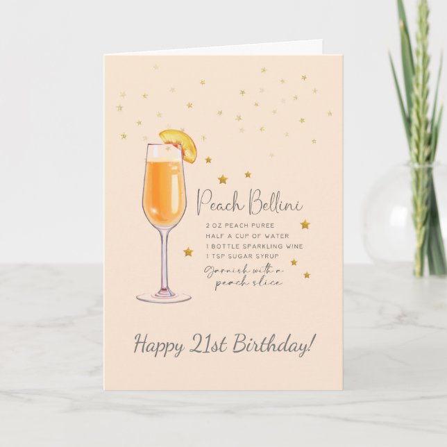 Peach Bellini Cocktail 21. Happy Birthday Card Karte (Vorderseite)