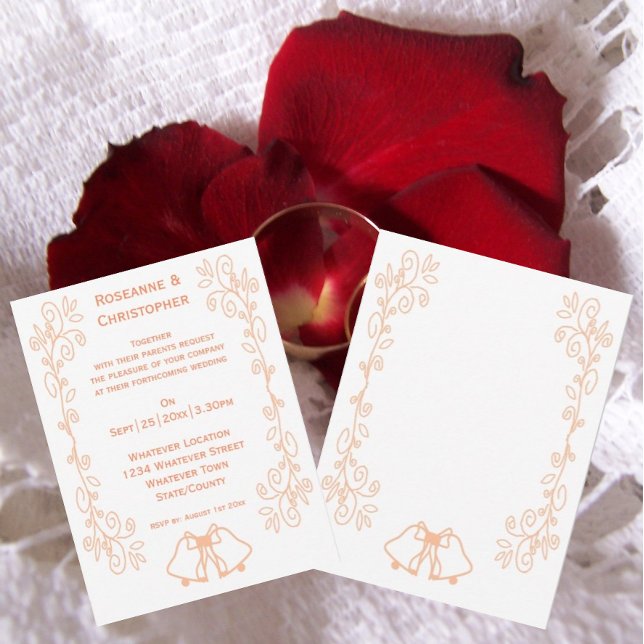 Peach Bells Scrollwork Design Wedding Einladung (Peach wedding invitation bells and scrollwork design)