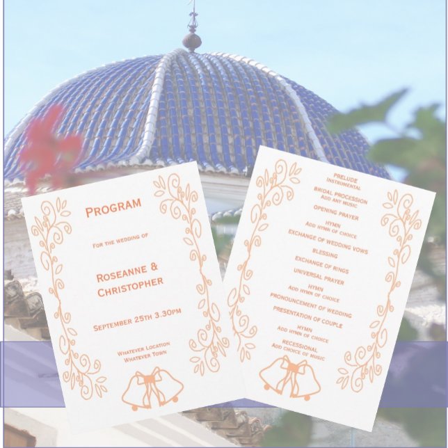 Peach Bells Scrollwork Design Wedding Programm (Peach wedding church program bells and scrollwork design)