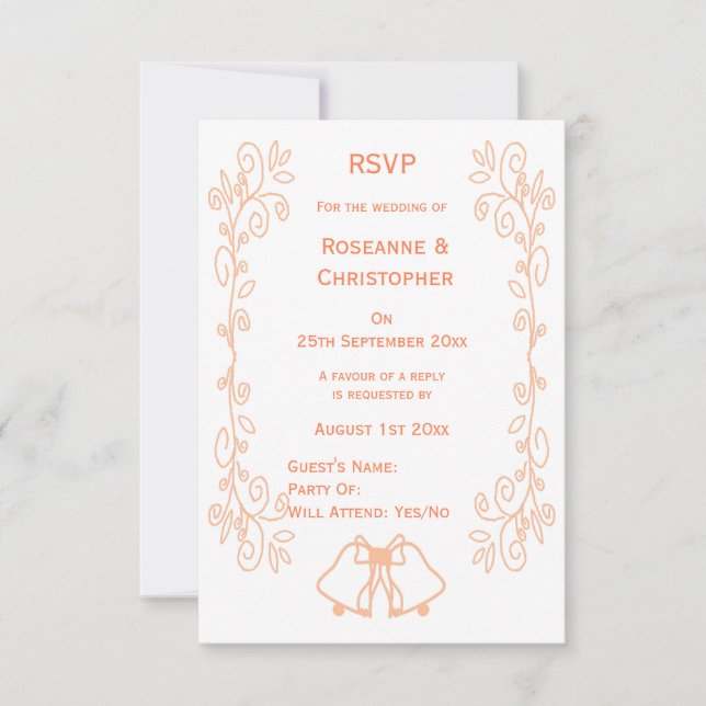 Peach Bells Scrollwork Design Wedding RSVP Karte (Vorderseite)