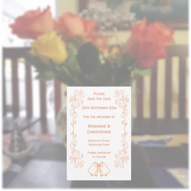 Peach Bells Scrollwork Design Wedding Save The Date (Peach wedding save the date bells and scrollwork design)
