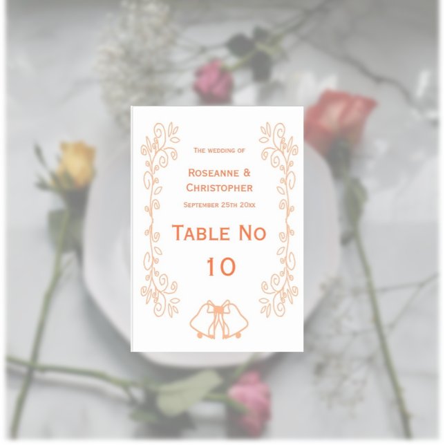 Peach Bells Scrollwork Design Wedding Tischnummer (Peach wedding reception table number bells and scrollwork design)
