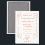 Peach Bells Scrollwork Wedding Save the Date Magnet<br><div class="desc">Hochzeit speichern Sie das Design der Datums-Magneten Glocken. Pfirsichfarbene Hochzeit anpassen,  speichern Sie den Datums-Magneten mit Ihren Hochzeitsdetails. Wenn Sie Hilfe bei der Anpassung benötigen,  kontaktieren Sie uns über den Link auf dieser Seite. Pfirsichfarbene Glocken Design personalisierte Hochzeit speichern das Datum Magnet</div>