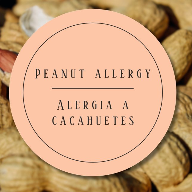 Peach Bilingual Peanut Allergary Alert Spanisch Runder Aufkleber (Bilingual Peanut allergy warning button, Spanish text, editable. multilingual project)