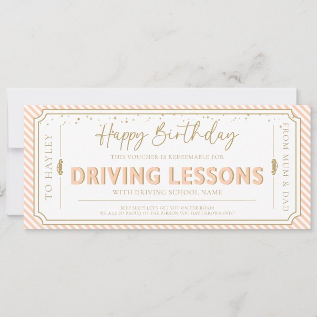 Peach Birthday Driving Lessons Gift Voucher Card Einladung (Vorderseite)