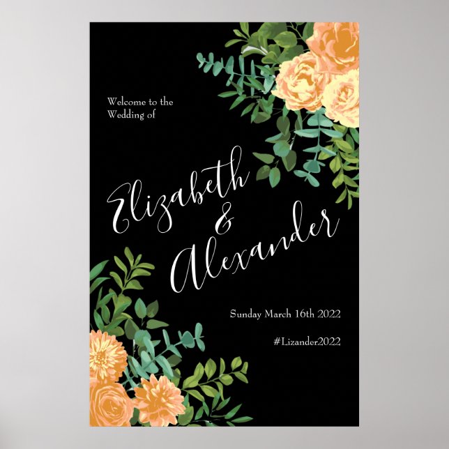 Peach Black Floral Wedding Elegant Poster (Vorne)