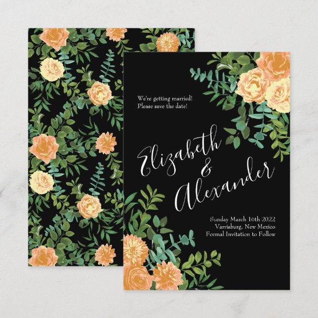 Peach & Black Peony Rose Hochzeitstag Rett Einladung (Vorne/Hinten)