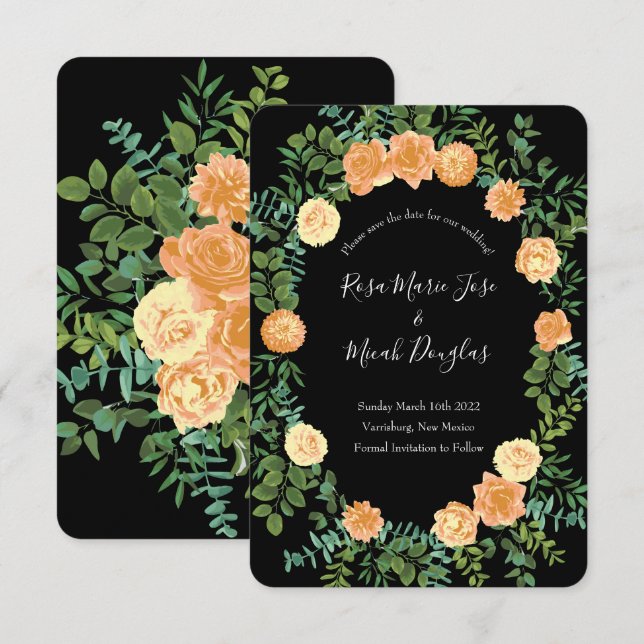 Peach Black Peony Rose Hochzeitstag Rett Einladung (Vorne/Hinten)