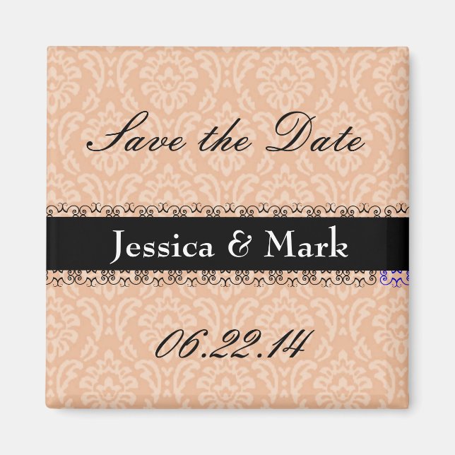 Peach & Black Rett Date Damask Wedding Magnet (Vorne)