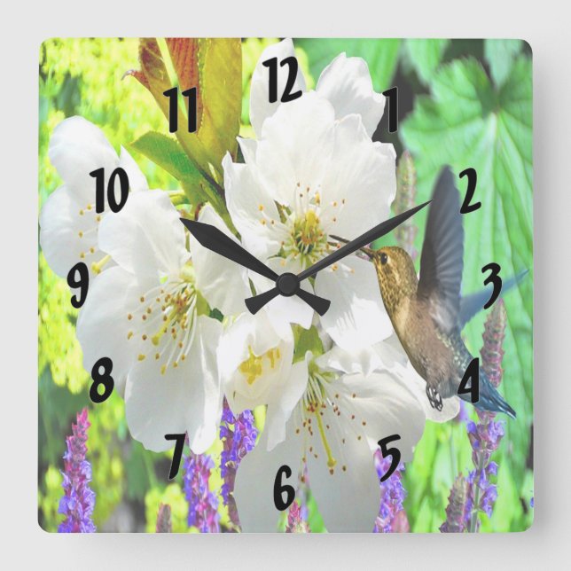 Peach Blossom Hummingbird Quadratische Wanduhr (Vorderseite)