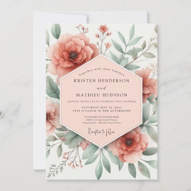 Peach Blossom Romance Wedding Einladung (Vorderseite)