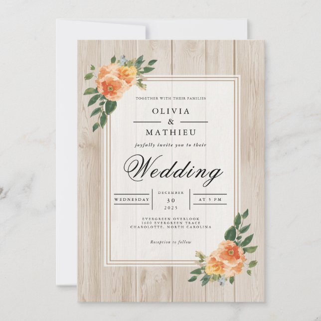 Peach Blossom Rustic Wood Wedding Einladung (Vorderseite)