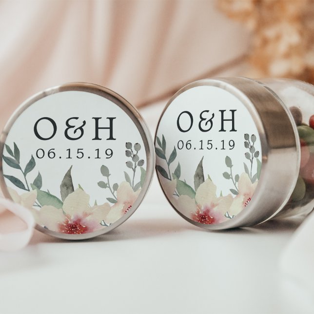 Peach Blossom Wedding Monogram & Date Runder Aufkleber (Von Creator hochgeladen)