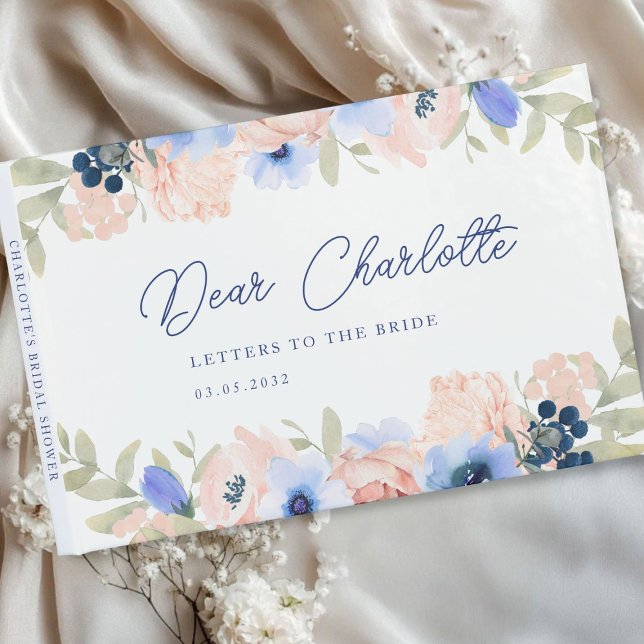 Peach Blue Blush Brautparty Gästebuch (Peach Blue Blush Floral Bridal Shower Guest Book with your name and date.)