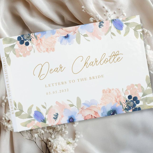 Peach Blue Blush Brautparty Gästebuch (Peach Blue Blush Floral Bridal Shower Guest Book with your name and date.)