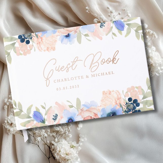 Peach Blue Blush Wedding Gästebuch (Modern, peach, blue, blush, flowers, handwriting, wedding guest book with real foil. )