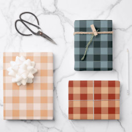 Peach Blue Brown Checkered Gingham Pattern Geschenkpapier Set