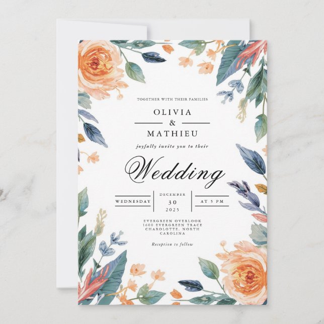Peach & Blue Floral Arch Wedding Einladung (Vorderseite)