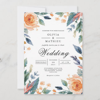 Peach & Blue Floral Arch Wedding Einladung