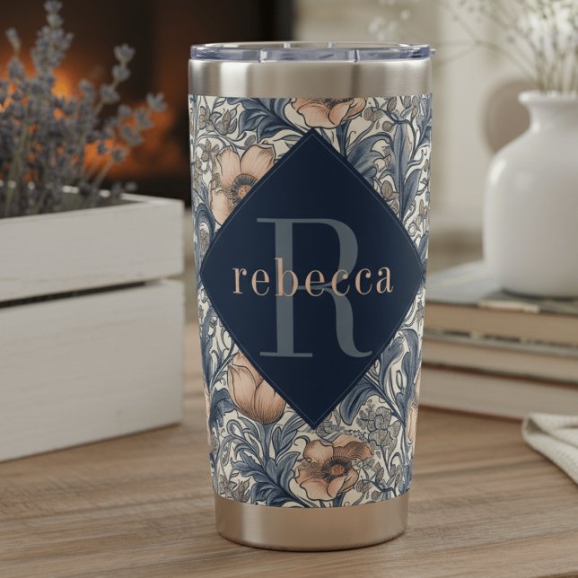 Peach Blue Floral William Morris Elegant Monogram Thermobecher (Von Creator hochgeladen)