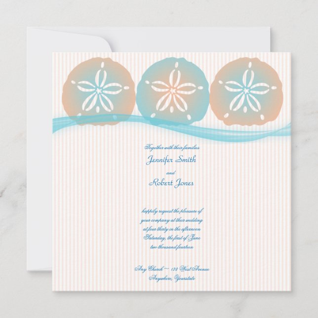 Peach Blue Sand Dollars Beach Hochzeit Einladung (Vorderseite)