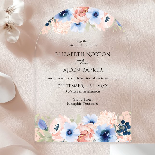Peach Blue Wedding Collection Acryleinladungen (Modern, wedding, arch, acrylic invitation floral. In the colors Gold, Peach & Blue.)