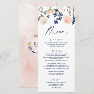 Peach & Blue Wedding Wildblume Botanisches Flora Menükarte