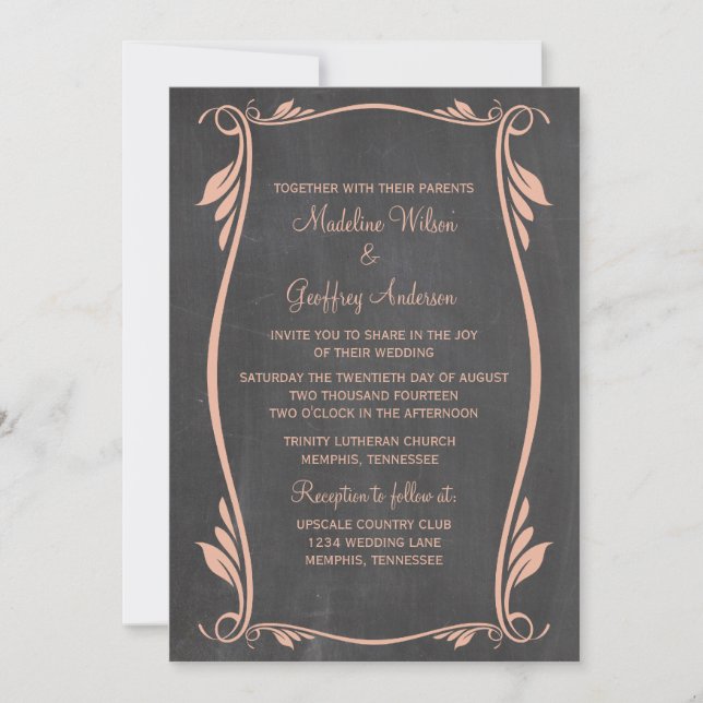 Peach Blüh Chalkboard Wedding Einladung (Vorderseite)