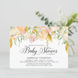 Peach Blume and Gold Blätter Kinderdusche Einladung