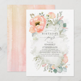 Peach Blume and Greenery Elegant Geburtstag Einladung