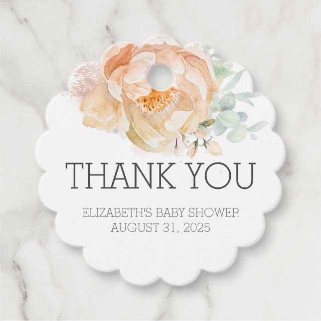 Peach Blume Babydusche Vielen Dank Geschenkanhänger (Vorderseite)