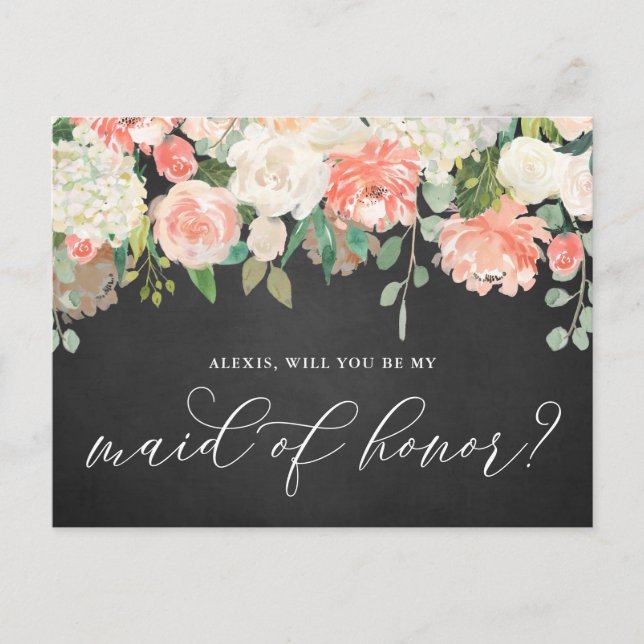 Peach Blume Chalkboard Sei meine Trauzeugin Postkarte (Vorderseite)