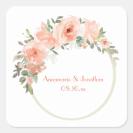 Peach Blume Circle Frame Wedding Quadratischer Aufkleber