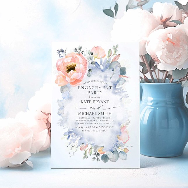 Peach Blume Dusty Blue Elegante Engagement Party Einladung (Dusty Blue Engagement Party Invitations)