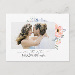 Peach Blume Dusty Blue Save the Date Foto Ankündigungspostkarte