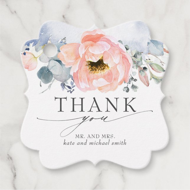 Peach Blume Dusty Blue Wedding Vielen Dank Geschenkanhänger (Vorderseite)