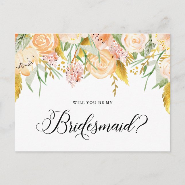 Peach-Blume | Floral wirst du meine Bridesmaid sei Einladungspostkarte (Vorderseite)