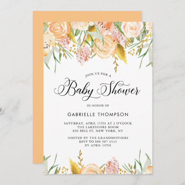 Peach Blume & Gold Blätter Kinderdusche Einladung (Vorne/Hinten)