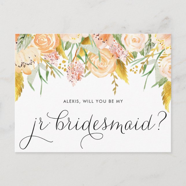 Peach Blume Gold werden Sie mein JR Bridesmaid Einladungspostkarte (Vorderseite)
