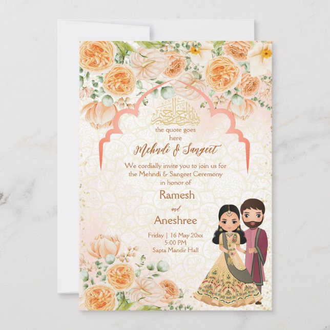 Peach Blume Indianerpaar mehndi sangeet Islamisch Einladung (Vorderseite)