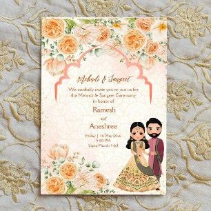 Peach Blume indische Paar mehndi sangeet einladen Einladung