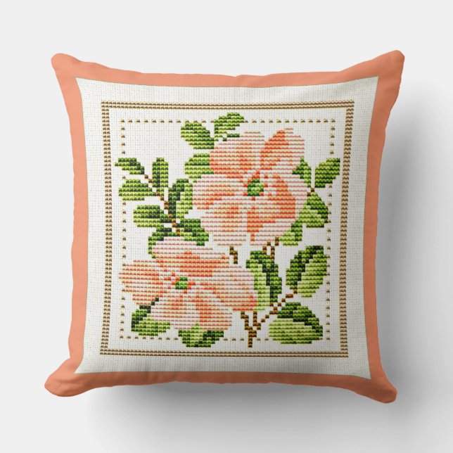 Peach Blume Needlepoint Look Land Vintag Kissen (Vorderseite)