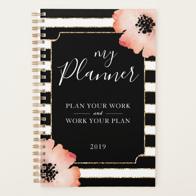 Peach Blume Streifen Schwarz-weiß Gold Planner Planer (Vorderseite)