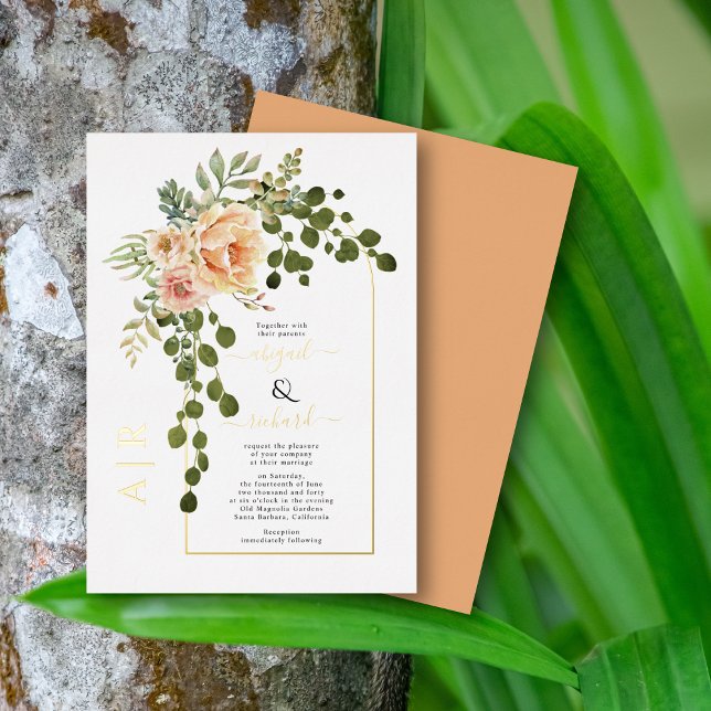 Peach Blume und Bogen Hochzeit echtes Gold Foil Folieneinladung (Von Creator hochgeladen)